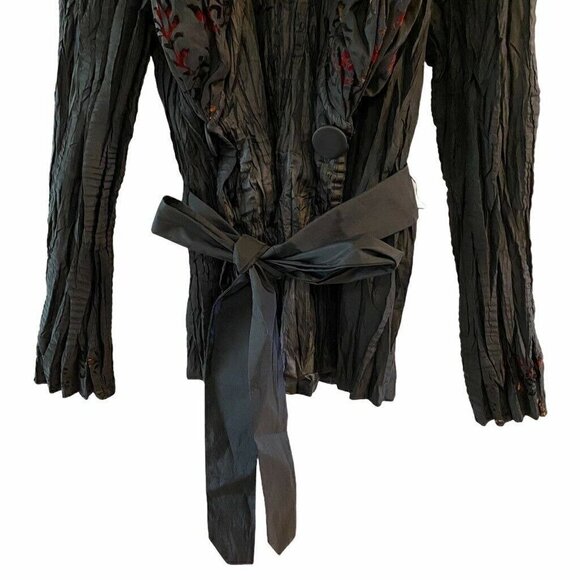 NEW Lindi Women Crinkle Jacket Black Floral Buttons Tie Front Long Sleeve Medium - Picture 2 of 8